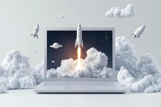 A captivating image shows a rocket launching from a laptop into the sky, set against fluffy clouds, symbolizing innovation, advanced technology, and the endless possibilities of the future photo