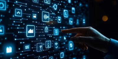 A hand interacts with a vibrant digital screen showing technology and networking icons, highlighting innovation, seamless interaction, and enhanced connectivity in todays rapidly evolving world photo
