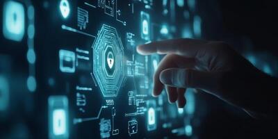 A hand interacts with a digital screen featuring technology icons for online network connections, cloud storage, and security systems, all highlighted against a dark blue backdrop. photo