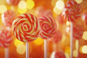 Vibrant swirled lollipops on sticks create a playful scene that brings smiles. The bright orange bokeh background adds a festive touch, perfect for candy lovers and joyful celebrations photo