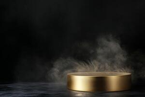 Explore a stunning 3D render of a luxurious gold podium on a dramatic black background, ideal for showcasing prestigious awards or highend products, making them stand out and shine photo