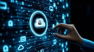 A human hand elegantly interacts with a vivid and dynamic digital screen, which showcases vibrant cloud storage and online security icons set against a striking deep blue background photo