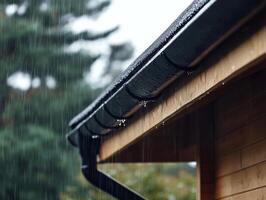 This view showcases a welldesigned gutter drainage system on a wooden house, highlighting its robust rectangular design and durable steel for effective rain protection and longevity photo