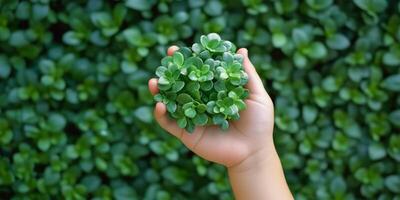 In a tranquil and serene setting, a child gently holds a delicate young plant against a vibrant green backdrop, beautifully symbolizing our profound care and responsibility for nature and the Earth photo