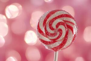 A vibrant and colorful red and white swirled lollipop is shimmering vividly against a lovely pink bokeh background, making it the perfect delight for sweet treat lovers and festive occasions alike photo