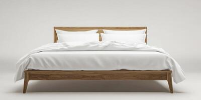 This beautifully stylish bed showcases a white linen duvet and plush cushions, all elegantly framed by a sleek wooden structure, which greatly enhances modern design aesthetics in your bedroom space photo
