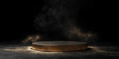This stunning 3D render of a luxurious gold podium against a sleek black background is perfect for showcasing valuable products or prestigious awards in a lavish setting that demands attention photo
