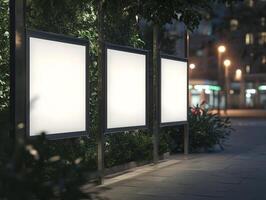 At a bustling bus stop, there are three empty advertising panels, presenting an excellent opportunity for targeted promotional campaigns aimed specifically at daily commuting individuals photo