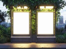 In a bustling urban environment, illuminated blank advertising panels are strategically positioned at a bus stop, which is nicely surrounded by trees, making them perfect for trendy urban marketing photo