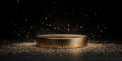 This stunning 3D rendering features a luxury gold podium with glowing particles on a sleek black background, ideal for presentations and award ceremonies, exuding sophistication and modernity photo