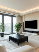 This minimalistic living room features elegant furniture and sleek design, enhanced by natural light, creating a warm ambiance ideal for modern urban lifestyles of comfort and sophistication photo