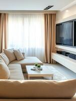 A cozy living room, adorned with a sleek minimalist sofa and beautifully elegant decor, is abundantly filled with natural light, creating a perfectly luxurious yet comforting and stylish atmosphere photo