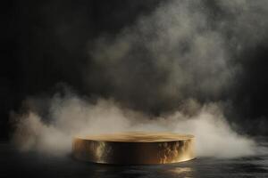 A captivating 3D render features a luxurious golden podium on a black backdrop, enhanced by swirling mist, ideal for impressive presentations highlighting elegance in every detail photo