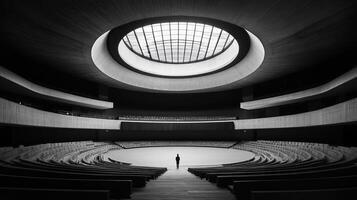 A breathtaking monochrome view capturing the essence of a spacious, empty circular auditorium, which showcases modern architectural design and innovative, striking lighting that dazzles the eyes photo