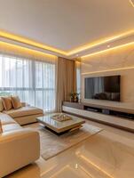 This exquisitely designed living room boasts a comfy sofa and sophisticated decor elements, creating a serene and relaxing minimalist retreat ideal for unwinding after a long day or a hectic schedule photo