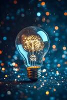 A glowing light bulb surrounded by a sparkling backdrop, symbolizes creativity and significant innovation photo