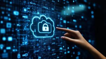 A hand touches a vibrant digital screen with icons for cloud storage and security, illustrating online connectivity and the latest tech trends, highlighting innovations importance in our digital age photo