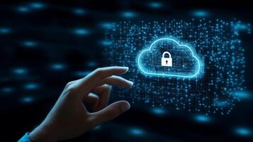A hand interacts with a vibrant digital screen showing cloud storage and security icons on a dark blue background, illustrating advancements in technology and the vast online networks today photo