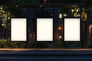 Three empty advertising panels at a busy bus stop, surrounded by trees and city lights, await the latest marketing messages to attract curious passersby eager to engage with new content photo