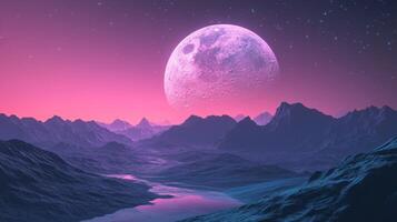 In this captivating retro landscape, a vibrant moon lights up pastel colors and tranquil mountains reflect in calm waters, all under a starry sky that enhances the scenes charm and tranquility photo