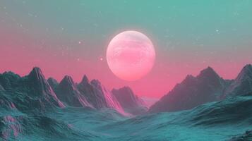 Immerse in a stunning landscape with a glowing moon over towering mountains, set against a vibrant pastel sky that creates an enchanting and serene beauty that captivates the senses photo