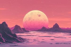 A glowing pink moon hovers above a calm ocean, framed by majestic mountains and a pastel sky, creating a dreamy atmosphere that transports the observer into a world of wonder and tranquility photo
