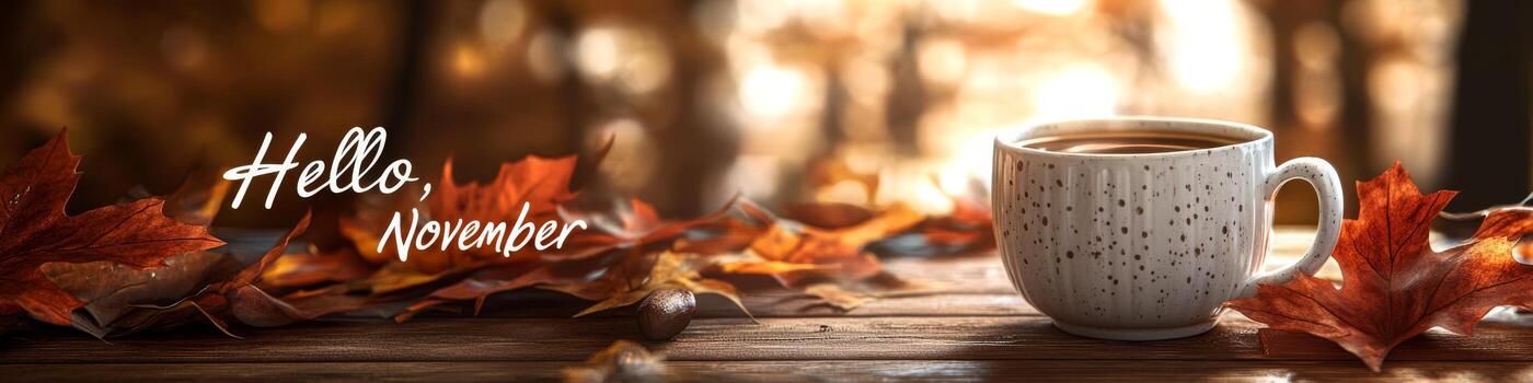un sereno parte superior ver capturas un hermosamente arreglado café taza delicadamente descansando en un delicado platillo, rodeado por un vibrante monitor de naranja hojas, perfectamente encarnando el acogedor calor de noviembre foto