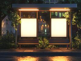 Picture a modern bus stop with empty ad spaces, surrounded by lush greenery and city lights, creating an ideal atmosphere for urban transit marketing to thrive and reach its full potential photo