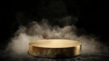 This stunning 3D render showcases a magnificent gold podium amidst captivating mist, ideal for presentations and awards, set against a dramatic black backdrop that evokes elegance and sophistication photo