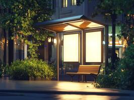 A modern bus stop is designed with an unoccupied advertising panel that stands out, enveloped by lush greenery, all set within a bustling urban environment that showcases vibrant city life photo