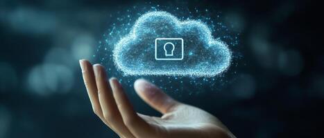 An illustration of a hand interacting with cloud storage and security icons, symbolizing seamless connections and interactions made possible by modern technology and digital advancements photo