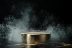 This 3D render features a golden podium surrounded by swirling mist on a dark backdrop, making it ideal for awards or presentations and adding a captivating touch to any visual display photo