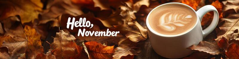 A warm cup of rich, aromatic coffee rests elegantly atop a delicate saucer, surrounded by vibrant orange autumn leaves that create a picturesque setting, welcoming the delightful month of November photo