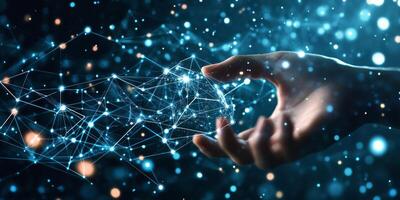 A human hand interacts with a hightech digital screen showing icons for advanced technology and cloud storage, set against a dark blue background that enhances the scenes futuristic feel photo