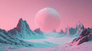 A captivating pastel galaxy scene features majestic mountains lit by a glowing moon, creating a serene and enchanting otherworldly atmosphere that inspires the viewers imagination photo