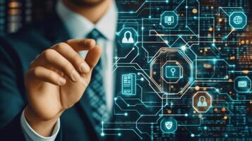 A hand interacts with a vibrant touchscreen displaying colorful tech icons for online networks, cloud storage, and security features, showcasing modern advancements in digital connectivity photo