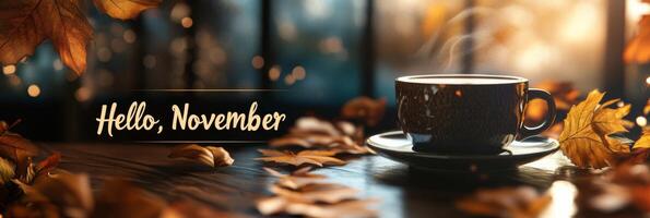 An aerial view beautifully highlights a coffee cup resting on a saucer, elegantly surrounded by vibrant and colorful autumn leaves, effectively capturing the delightful and cozy vibes of November photo