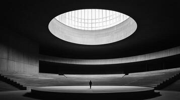 A minimalist concrete amphitheater with a geometric design and striking shadows, illuminated by overhead lighting, creates a grand, versatile space for various activities and events photo