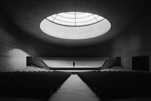 The modern auditorium features a circular ceiling and sleek concrete design, highlighting a minimalist aesthetic with dramatic lighting, creating a warm atmosphere for diverse events photo