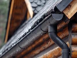 This advanced gutter drainage system is expertly installed on a charming wooden house, ensuring efficient rainwater management to effectively protect the structure from potential waterrelated damage photo