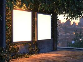 In a serene urban landscape, blank advertisement panels provide a backdrop for street ads, while the overgrown foliage adds a refreshing touch of nature to the modern architecture photo