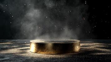 This stunning 3D render of an elegant gold podium against a sleek black background is ideal for making a bold statement in highend presentations and events, captivating diverse audiences photo