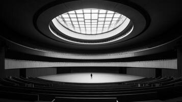 This is a stunning blackandwhite view showcasing a vast and empty circular auditorium, effectively highlighting the modern design features and impressive symmetry inherent in its structure photo