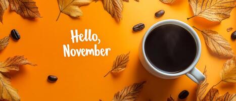 A cozy arrangement of steaming coffee, autumn leaves, and warm colors welcomes November, creating the perfect setting for fall lovers seeking comfort and joy this wonderful season photo