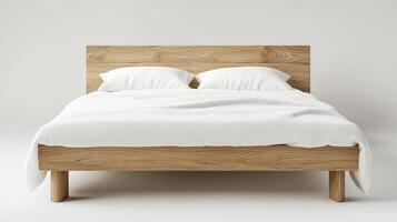 This is a beautifully designed wooden bed that showcases a luxurious white linen duvet along with matching cushions. It is perfect for enhancing modern bedroom aesthetics in any home photo