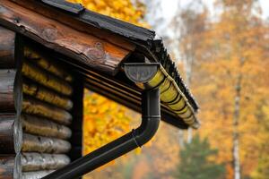 This is a detailed and closeup view of a gutter drainage system that is installed on a wooden cabin, highlighting its efficient connection for effective rainwater management and collection photo