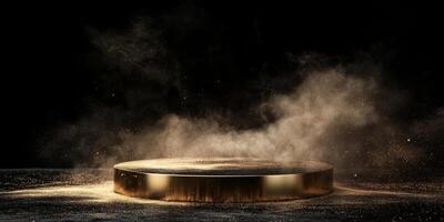 This is a stunning 3D render, beautifully showcasing an elegant gold podium set against a sleek black background. It is an ideal choice for luxury presentations and highclass showcases photo