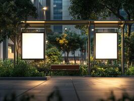This is a modern bus stop that showcases vacant advertisement panels framed by lush greenery, created specifically for promoting urban transportation advertising and enhancing the cityscape photo