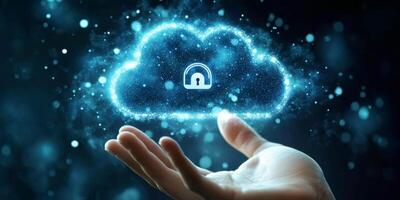A hand reaches out to gently touch a vibrant digital screen displaying technology icons representing cloud storage, online networks, and digital security on a deep blue background photo