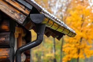 Here is an intricate and detailed view of a beautifully crafted, elegant gutter drainage system mounted on a rustic wooden cabin, with stunning autumn foliage abundantly present in the background photo